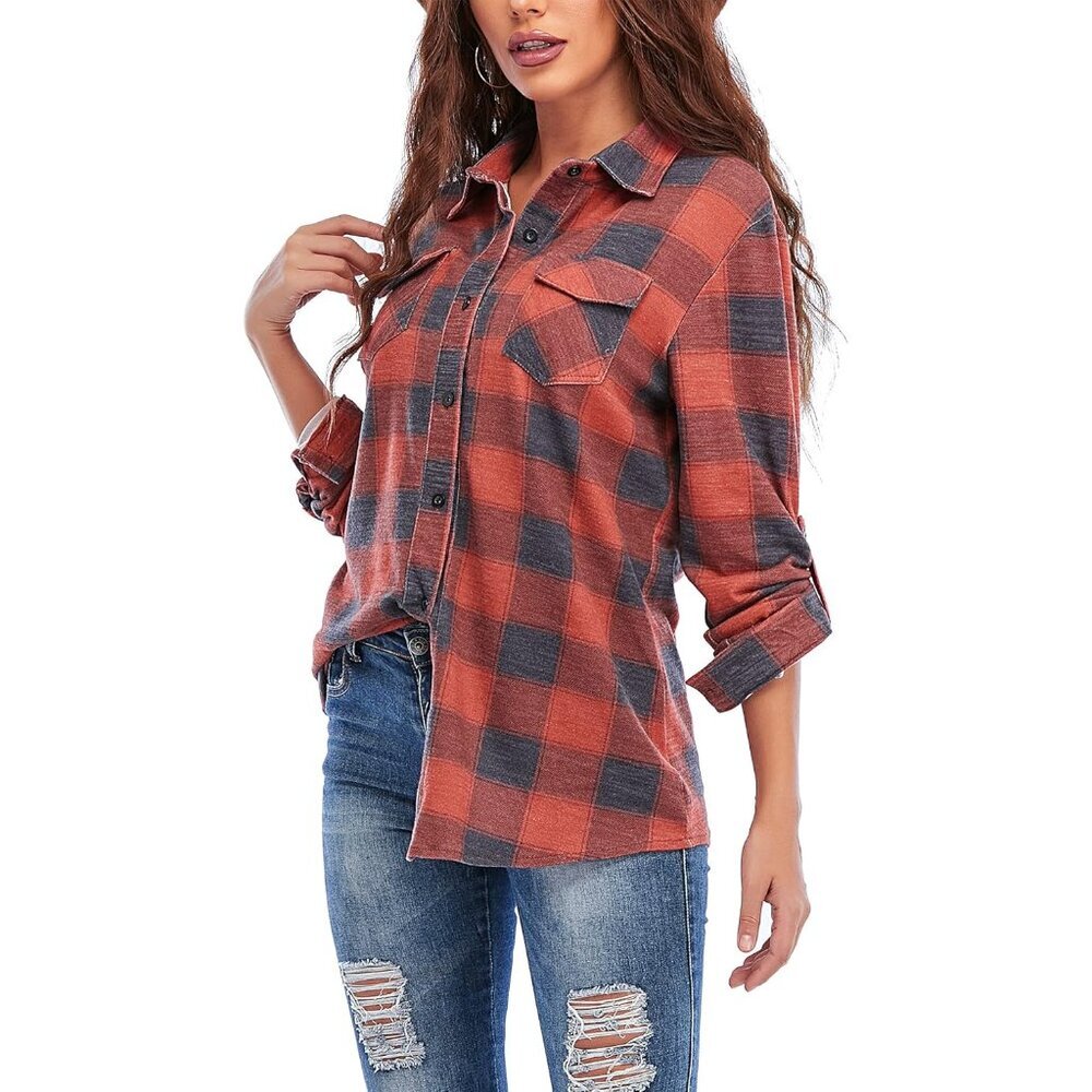 Versatile Women's Cuffed Button-Down Plaid Shirt … - image 6